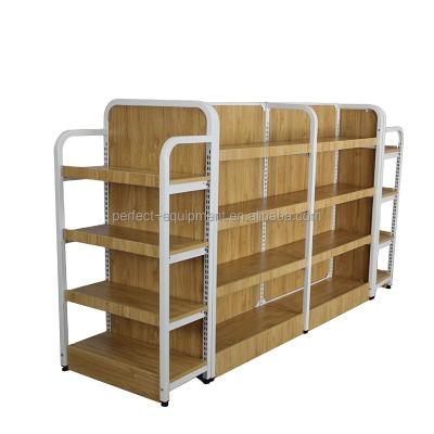 China OEM Single Sided Heavy Duty Wooden Supermarket Shelves Metal Shop Display Racks Used Gondola Shelving for sale