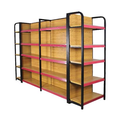 China Single Sided Metal Frame Four-Post Shelf Retail Cheap Price Customized Wooden Display Racks For Supermarket Store for sale