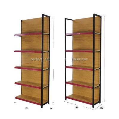 China Single Sided High Quality Metal Grocery Gondola Wooden Supermarket Shelf Display Rack Size And Color Can Be Customized for sale