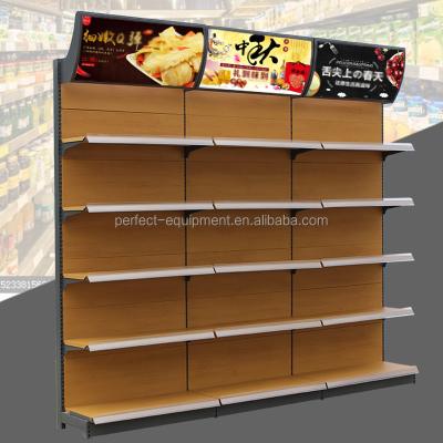 China Single Sided High Quality Wooden Grain Back Board Store Supermarket Display Stand Rack With Commercial Light Box for sale