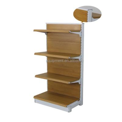 China Single Sided Single Sided Wooden Grain Supermarket Shelf Display Rack Grocery Shop Shelves Rack Market Gondolas for sale