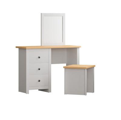 China Eco-Friendly Classic White Wood Vanity Set With Large Mirror Table Top 3 Drawers And 1 Stool Dressing Table for sale