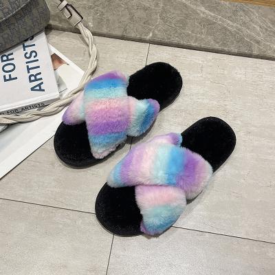 China Fashion Trend Fashion Faux Fur Soft Fluffy Winter Slips Plush Indoor Ladies House Fluffy Fur Slippers for sale