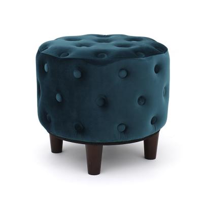 China Sturdy Customized Midnight Green Velvet Round Shape Foot Stool Stool Pouf With Wooden Legs for sale