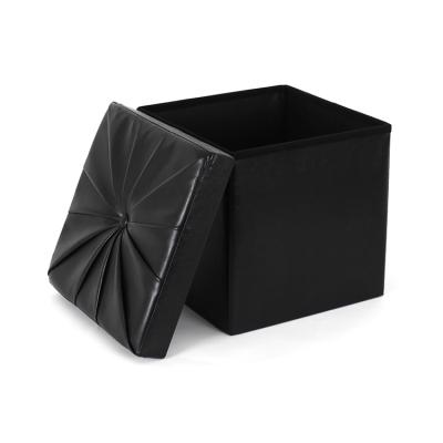 China RTS Foldable Folding Storage Faux Leather Ottoman Black Stool Folding Ottoman Seat Storage Box for sale