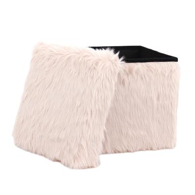 China Foldable faux fur pink cube fake RTS storage stool for bedroom decoration style the new for sale