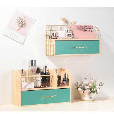 China Mordern Wall Mounted Wooden Makeup Rack With Drawer Jewelry Desk Organizer Necklace Ring Earrings Storage Box for sale