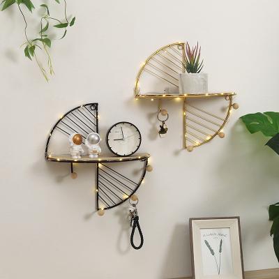 China Modern Simple Living Room Wall Shelves Home Decor Iron+Wood Wall Shelf With Hooks Hanging Rack Display Storage Master Shelf for sale