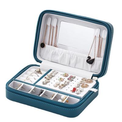 China Fashionable Portable PU Jewelry Organizer Box with Mirror Zipper Slide Earrings Ring Necklace Jewelry Travel Storage Organizer Case for sale