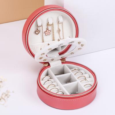 China Leather Case Organizer Velvet Storage Box Mini Round Jewelry Kit Storage PU Leather Portable Travel PU Jewelry Organizer for sale