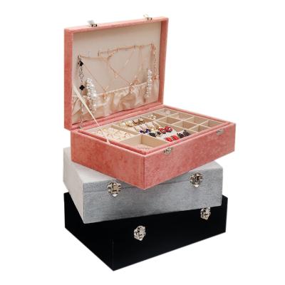 China Fashionable Pile Jewelry Storage Box with Key Lock Double Layer Jewelry Box Necklace Ring Earrings Holder Container Storage Case for sale