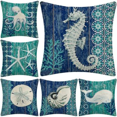 China Marine Life Sea Horse Starfish Conch Conch Tile Park Ocean Vintage Asamour Mite Anti Dust Decorative Cushion Cover Mediterra for sale