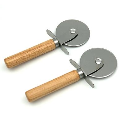 China Stocked Kitchen Tools Pizza Cheese Slicer Knife Stainless Steel Rotationg Pizza Cutter Wheel With Wooden Handle for sale