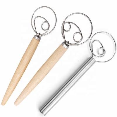 China Viable Kitchen Tools Oak Handle Stainless Steel Beater Ball Spring Handle Beater Bakeware Easy To Clean Egg Mixer Cream Beater Instrument for sale