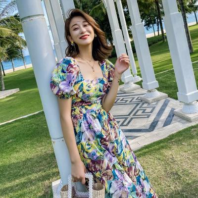 China Anti-Static Holiday Women's Summer Spring Square Collar Floral Prints Short Sleeve Dresses Sexy Casual Wear Floral Dress for sale