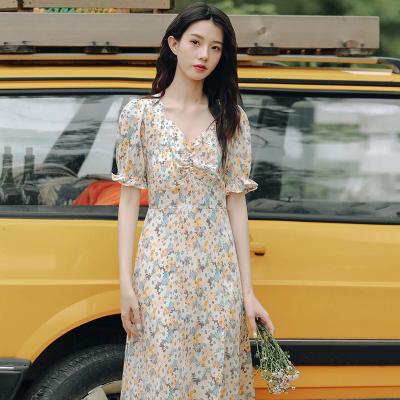 China 2022 New Korean Casual Dress Long Skirt Summer Anti-static Female Soft Style Chiffon Floral Dress Skirt Puff Sleeves For Lady for sale