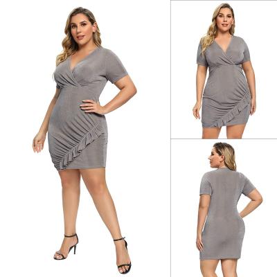 China Anti-Static Plus Size Pleated Knee Length Women Dresses 2xl 3xl 4xl 5xl Gray Knee Length Casual Outfits For Ladies for sale