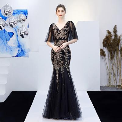 China Anti-Static Bangkok Evening Dress Women Dresses Evening Gowns Plus Size Black Mesh Gold Floral Sequined Evening Gowns With Stones for sale