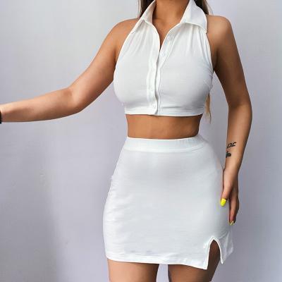 China Anti-static Customized Logo POLO Lace-Up Collar Skirt Waistless Women 2022 New Casual Simple Summer Skirt Women Clothing 2 Piece Set for sale