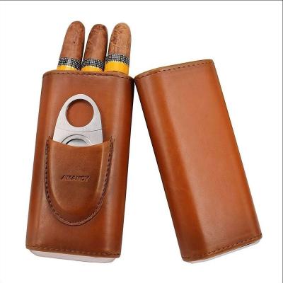 China Amazon New Arrival Light Luxury Hot-selling Two Head Material With Cigar Cutter Leather Cigar Case Portable Cigar Box for sale