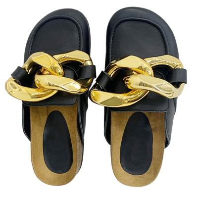 China High Quality Sweat-absorbent Sandals With Big Gold Chain Comfortable Outdoor Slippers For Women Real Leather Flat Slippers Ladies for sale