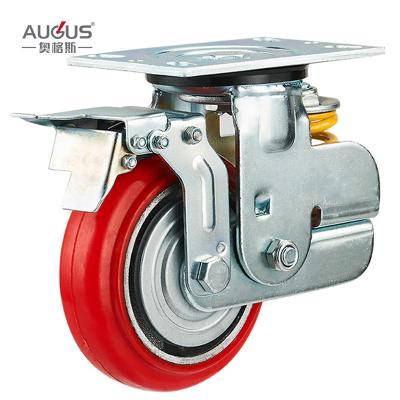 China High Load Capacity Single Spring Caster Red PU Iron Core Double Bearing Wheel 5 6 8 inch Fixed Swivel Dual Brake Heavy Duty for sale