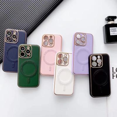 China Luxury TPU Camera Leather Magnetic Protective Shockproof Case For iPhone 14 plus 13 pro Max Silicone Frame Phone Cover for sale