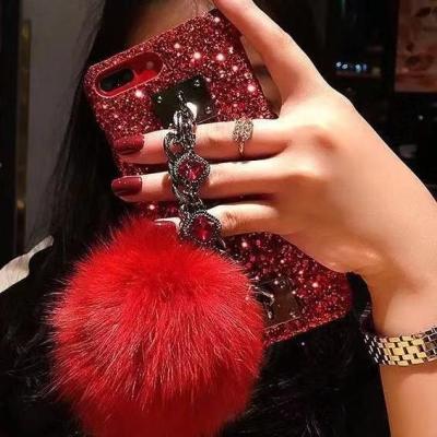 China Bling Bling Luxury Plush Ball Fox Jewel Bracelet Wholesale Price Gemstone Bling Hairy Cell Phone Cover For iPhone 14 13promax 11 XS Max for sale