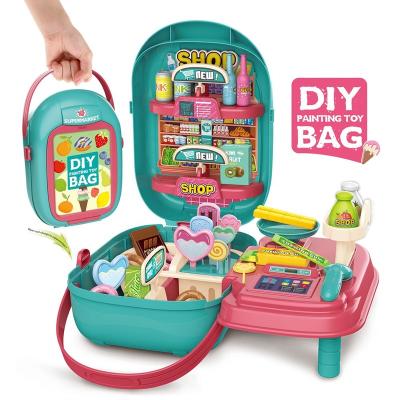 China 47PCS Set Multifunctional Role Play Plastic Educational Supermarket Suitcase Pretend Play Toys With Cashier Machine for sale