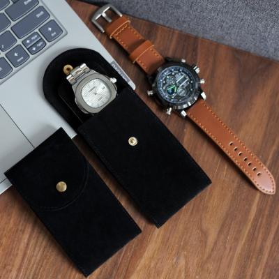 China Custom Logo Printed Faux Suede Travel Watch Pocket Black Velvet Paper Watch Case With Snap Closure for sale