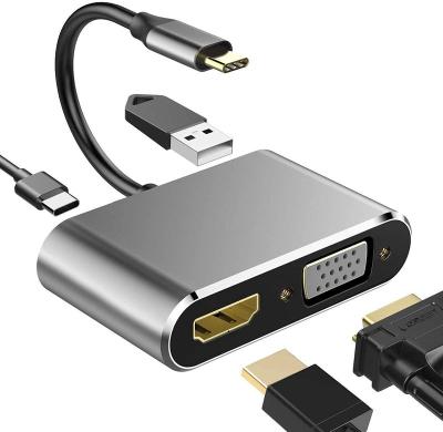 China Mobile Devices 4K Computer .desk Video Output 4 In 1 Usb C To VGA Chargeable Type-C HD-MI Docking Usb Port Type C 4 Hub for sale