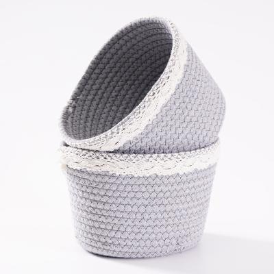 China Eco - Friendly Gray Round Cotton Rope Table Storage Organizer With Lace for sale