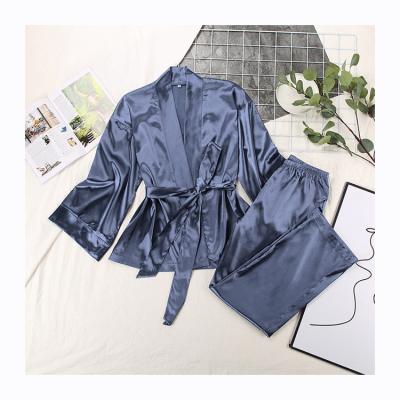 China 2022 Fashions New Design Breathable Silk Satin Long Sleeve Kimono Robe Pants Ladies Two Pieces Pajama Set Satin Women Silk Sleepwear for sale