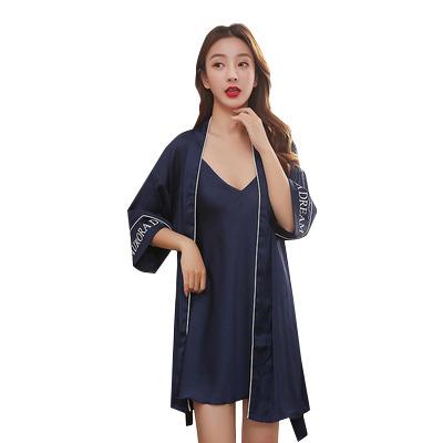 China Breathable Women's 2pcs Silk Cami Top Nightgown Sleepwear Satin Pajama Robe Sets Sexy Nightgown for sale