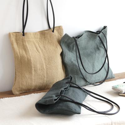 China AZO Free Natural Environmental Friendly Canvas Shoulder Bag Cotton Vintage Canvas Tote Bag With Leather Handle for sale