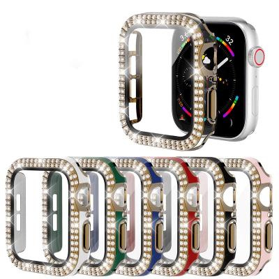 China Custom Luxury Diamond Hard PC Protective Case Bling Screen Protector With Tempered Glass For Apple Watch Series SE 6 5 4 40mm/44cm for sale