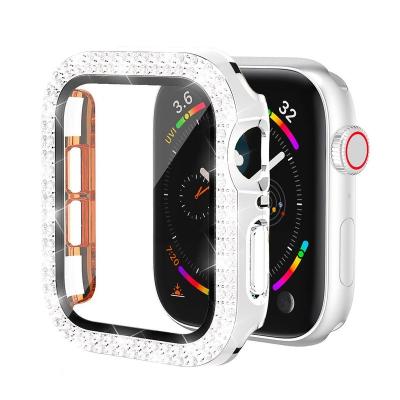 China Luxury High Quality White Gold Bling Series 40mm/44cm Screen Protector Sliver Diamond Hard PC Protective Case For Apple Watch Series Se 6 5 4 for sale