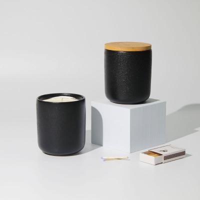 중국 Empty Candle Ceramic Container Plain Black Ceramic Candle Jars With Wood Lid For Making Candles 판매용