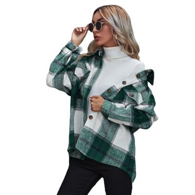 China Wholesale Fashion LH3 Women Turn-Down Collar Plaid 2 Anti-pilling Pockets Button Thick Shirts For Women Blouses for sale