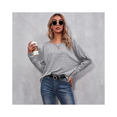 China C3 Hot Sales Breathable Sheath Long Round Stripe T-shirt Color Block Neck Blouse Women Casual T-Shirts And Tops for sale