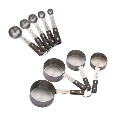 China Viable Measuring Cups and Spoons Set Stainless Steel Set of 9 Stackable Wooden Handle Cup Teaspoon Spoon Measuring Tools for sale