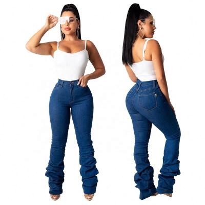 China Viable Custom Hot Selling Ins Womens Stacked Slim Fit Jeans Long Denim High Waist Women Lady for sale