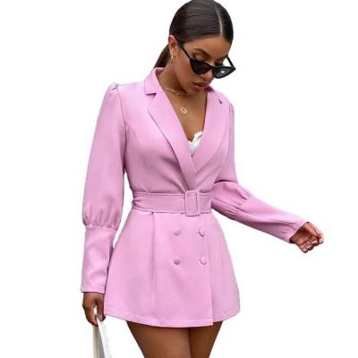 China Breathable Button Decorate Deep V Neck Belt Ladies Jacket Coat Suit Dresses for sale