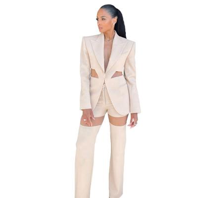 China Autumn Breathable Newcomer Hollow Out Women Complete Fashion Blazers Two Piece Set for sale