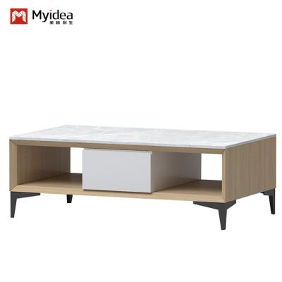 China Modern Luxury Contemporary Wood Panel Coffee Tables Versatile Office & Living Room Furniture With Marble For Tea & Hotel Use for sale