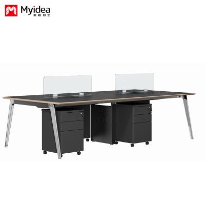 China Moderne Vier-Personen-Büro-Schreibtischmoduler Holztisch mit plattierten Aluminium-Legierungsbeinen für Büro-Zeitgenössisches Design zu verkaufen