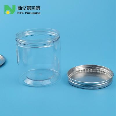 China 90mm Neck Dia 300ml Clear Plastic Jar Pet Food Container With Metal Lid for sale