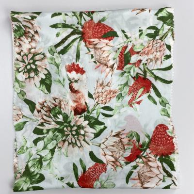 China Viable 100% Polyester Flatscreen Printed Satin Peach Skin Cloth Fabric For Beach Shorts Boardshorts Skirts for sale