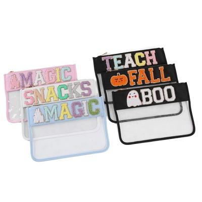 China Fashion promotional gift unisex glitter shimmer transparent pouch clear packaging Makeup Bag custom flat zipper PVC clear bag for sale