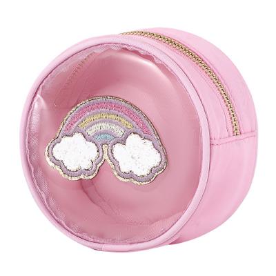 China Fashion Low Moq Pink rainbow pattern patches clear cosmetic bag Portable small size nylon pvc toiletry bag round custom makeup bag for sale